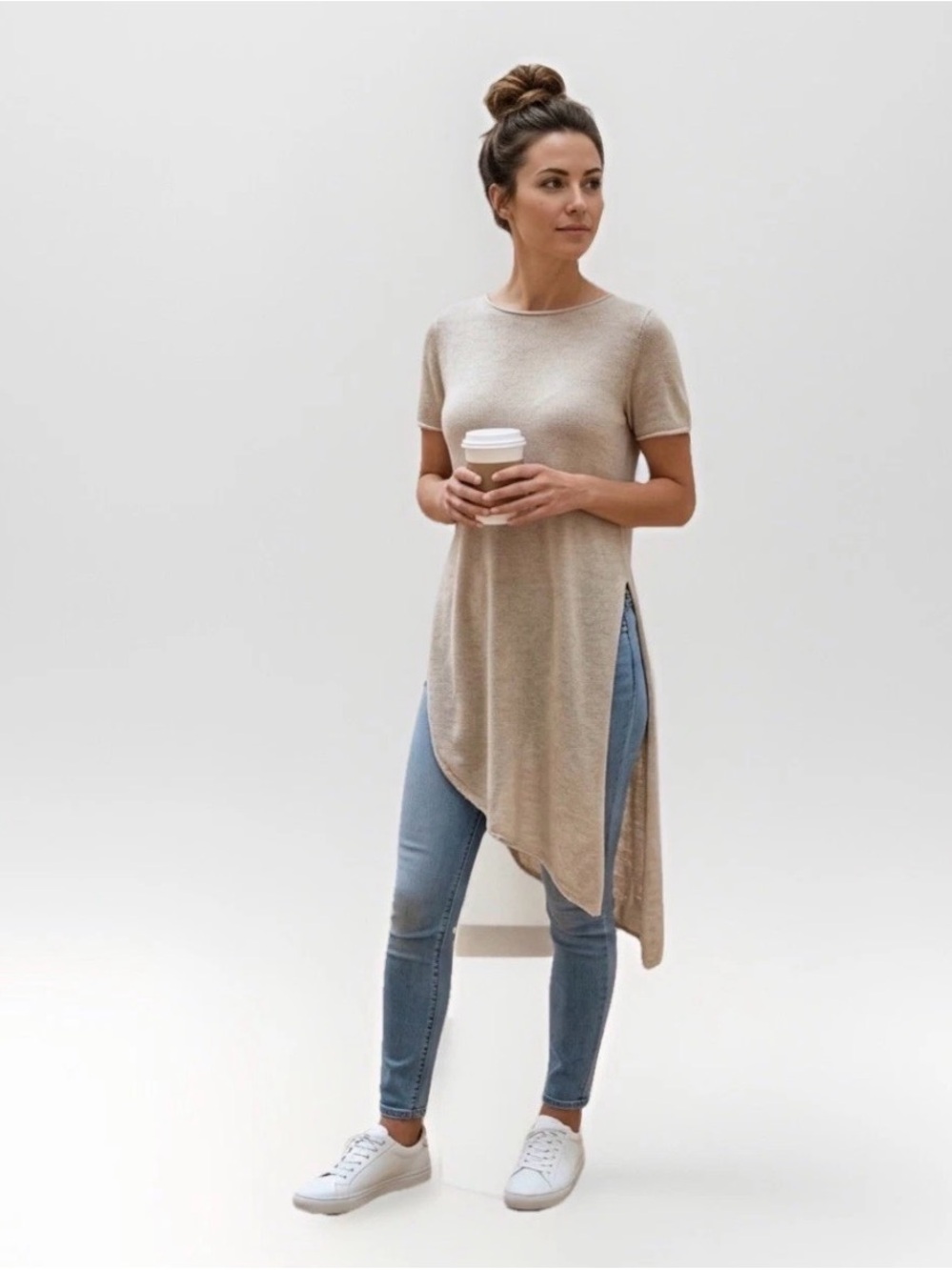 Eileen Fisher Beige Organic LinenTunic Top Size XXS Asymmetrical Minimalist